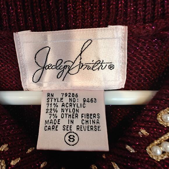 Jaclyn Smith Sweater Women S Burgundy Embroidered Gold Trim Holiday Christmas - Picture 7 of 9